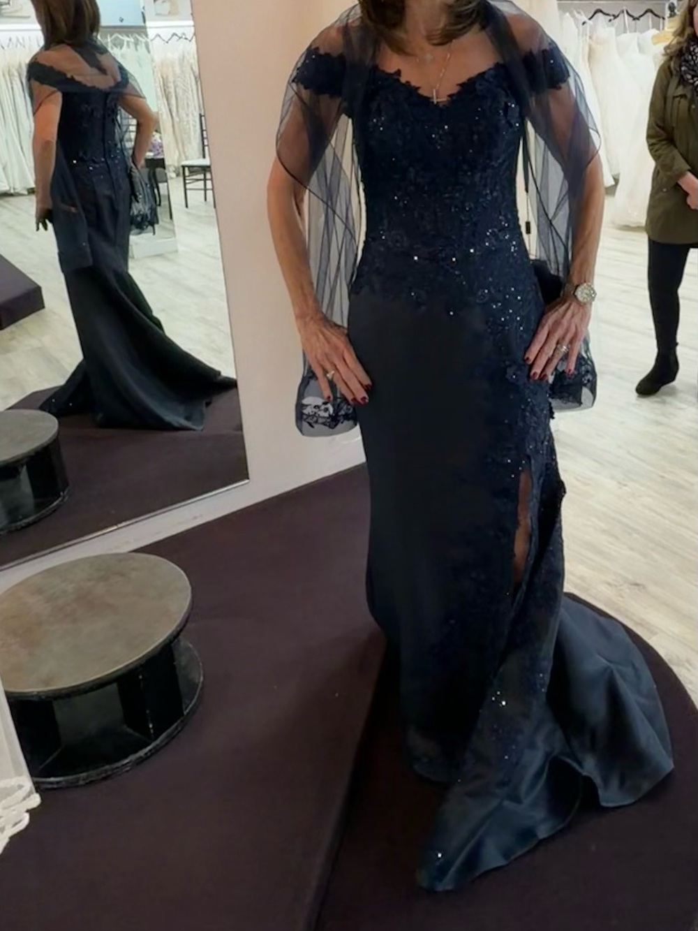 Navy Beaded Evening Gown with Sheer Capelet